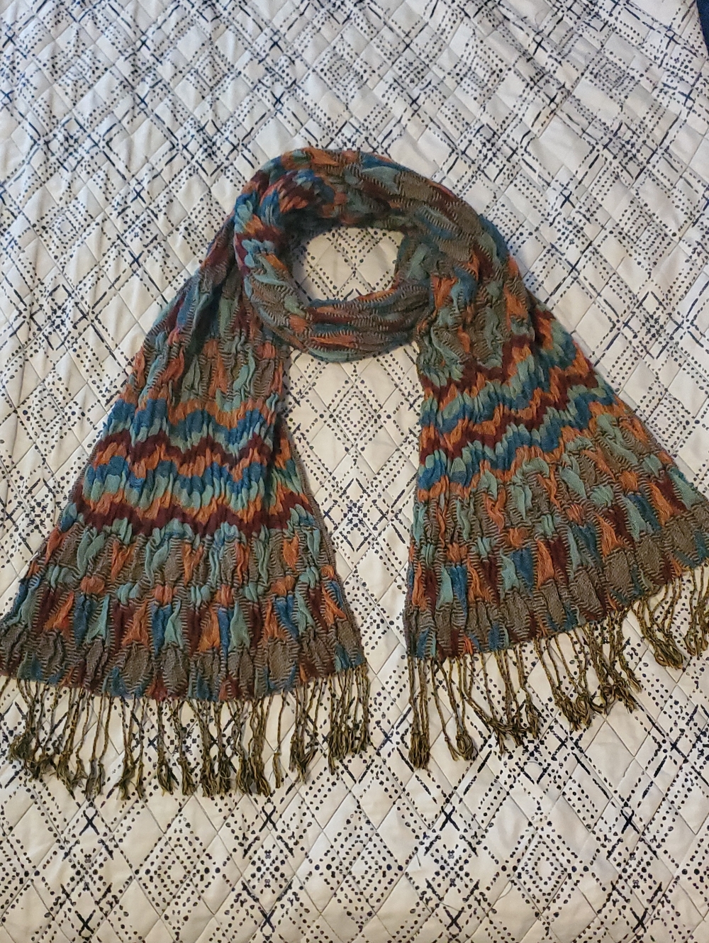 Vintage Italian Multicolor Rainbow Ripple Knit Fringe Scarf